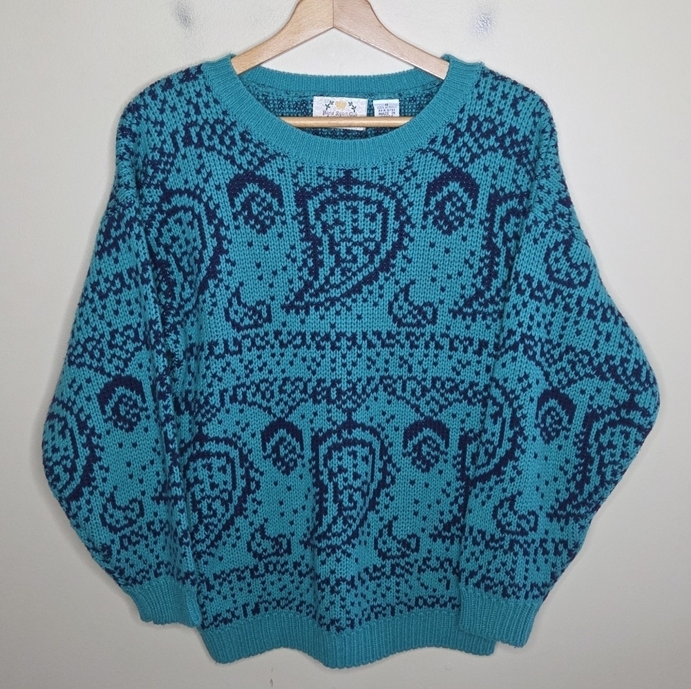 Vintage Paris Sport Club | Teal & Navy Paisley Crewneck Knit Sweater Size Small